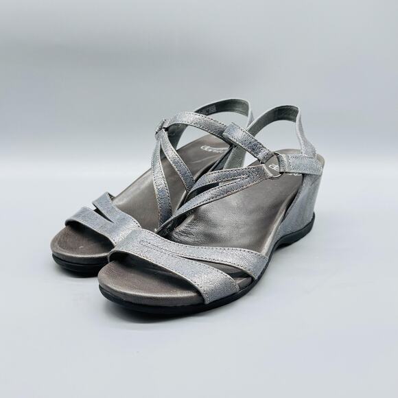 Dansko Sandals Womens 8.5 Silver Leather Addyson Strappy Wedge Heel Comfort - Picture 4 of 11